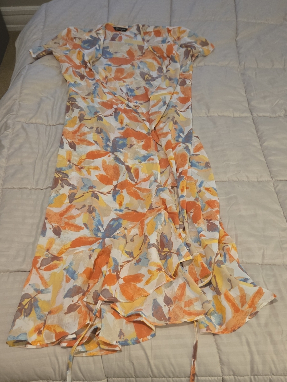 Floral Watercolor Wrap Dress in Orange & Blue